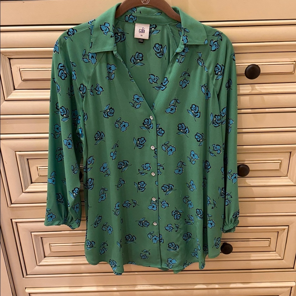 CAbi Green and Blue Floral Blouse